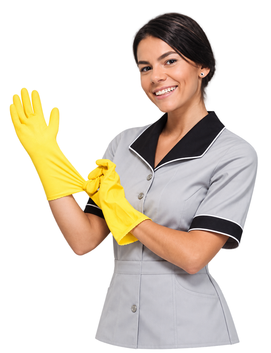 Smiling professional cleaner putting on gloves